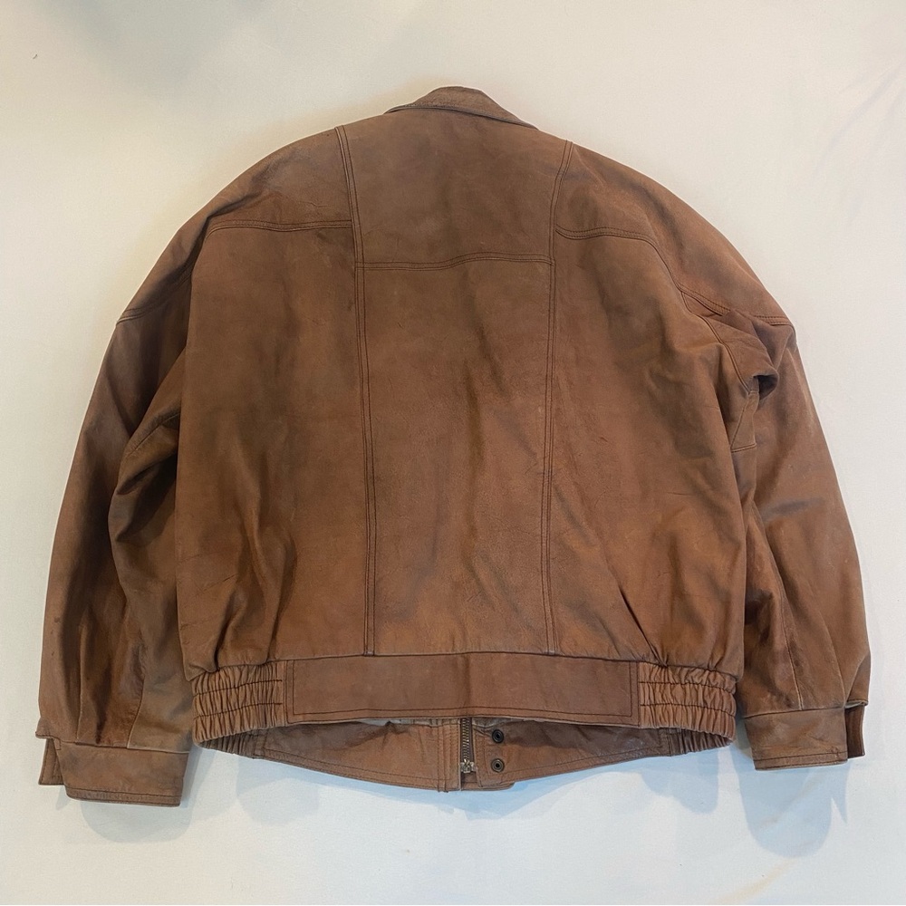 Men's Vintage Brown Leather Bomber Jacket, Size Large - Picture 2 of 7